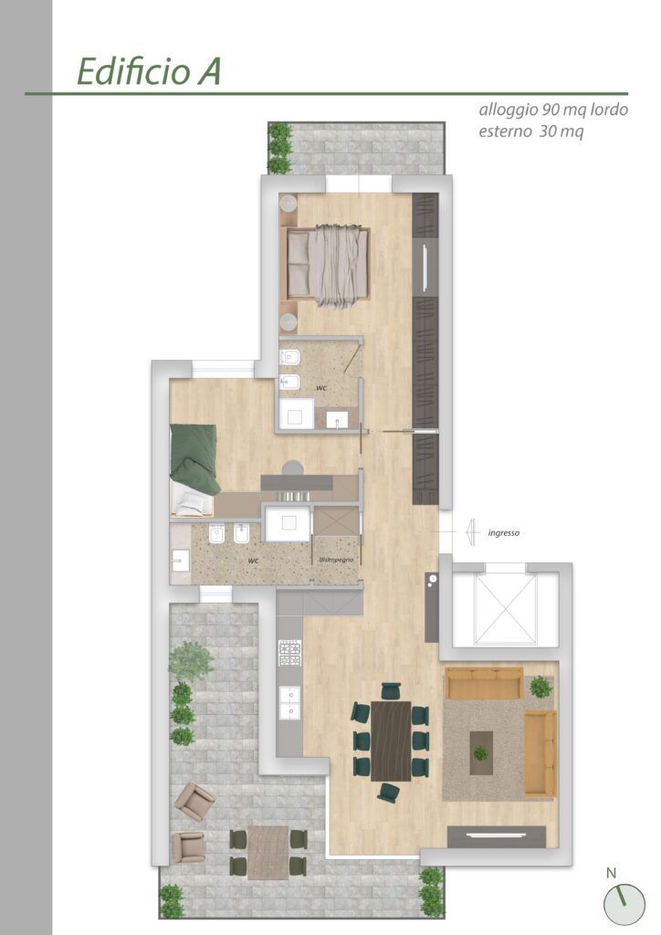 River House - Planimetria Alloggio 90 mq. lordo esterno 30 mq.