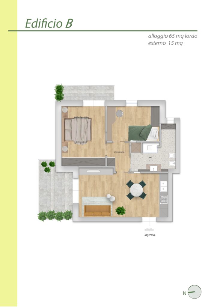River House – Planimetria Alloggio 65 mq. lordo esterno 15 mq.