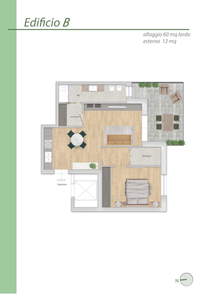 River House – Planimetria Alloggio 60 mq. lordo esterno 12 mq.