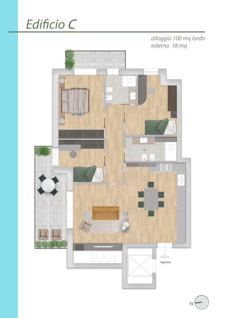 River House – Planimetria Alloggio 100 mq. lordo esterno 18 mq.